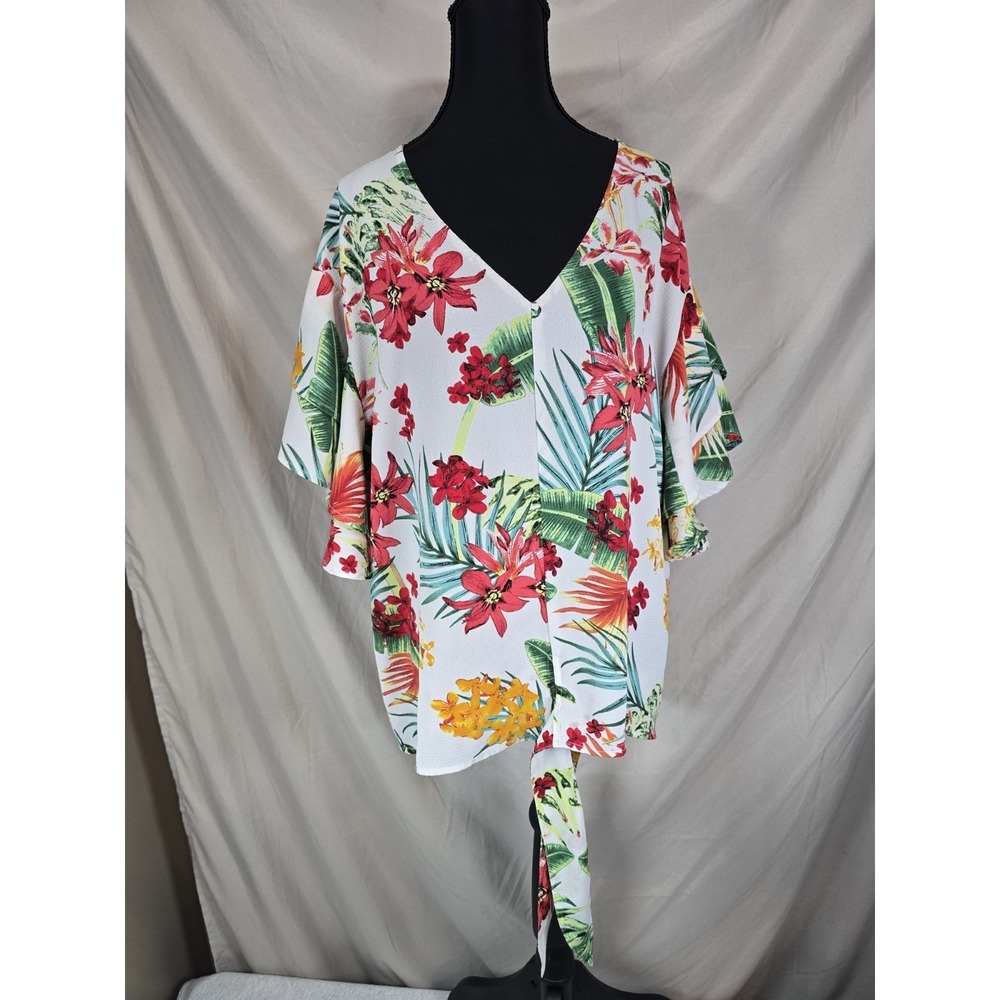 Umgee White Tropical Floral V-Neck Blouse with Red & Green Prints